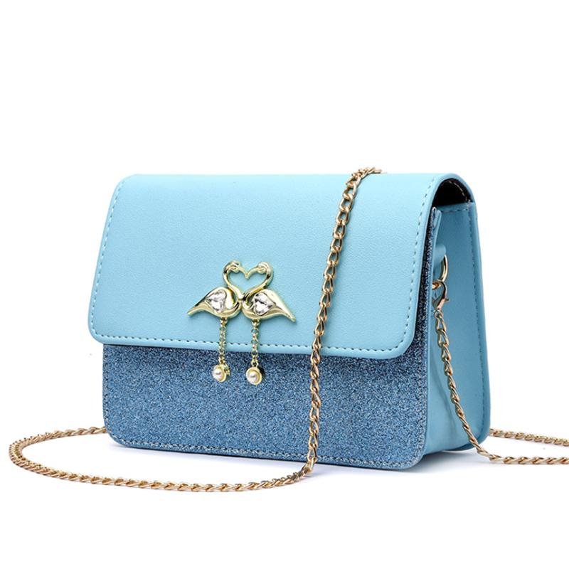 Fashion WOMEN Ladies Stylish Crossbody Bags Color Block Glitter Shiny Crystal Metal Chain Swan Decor Messenger Handbags