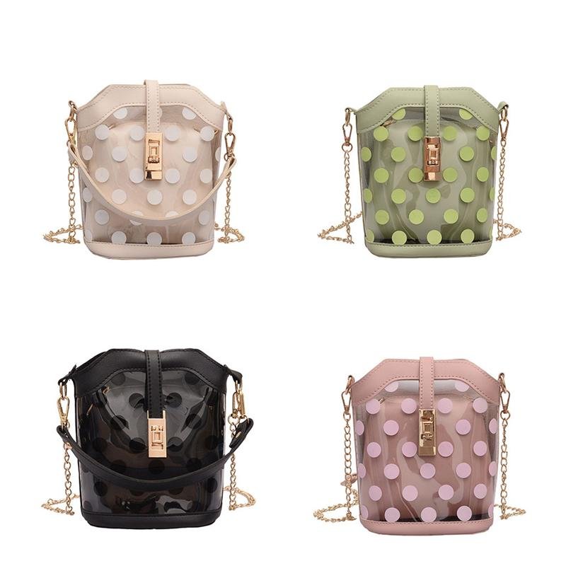 Fashion Creative Ladies Dot Pattern Bucket Shoulder Bag Girls Chain Strap Transparent Crossbody Casual Messenger Handbags